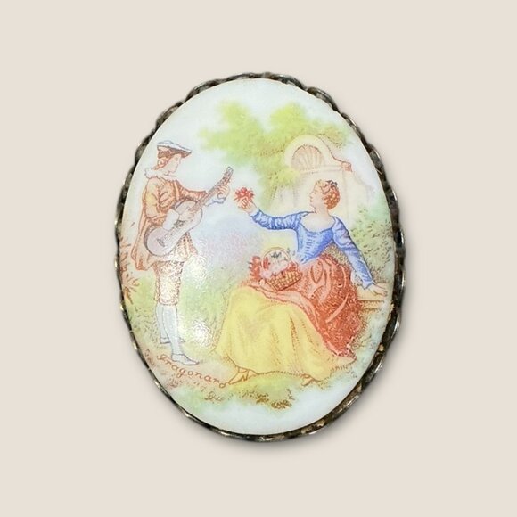 Victorian Signed Fragonard Porcelain Brooch With Romantic Scene - Picture 1 of 3